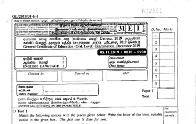 2019 G.C.E O/L English Language Paper I & II (Sinhala Medium)