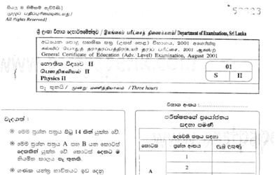 2001 A/L Physics Paper II (Essay) (Sinhala Medium)