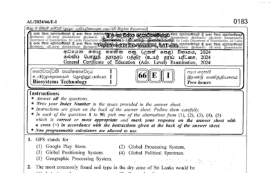 2024 A/L Biosystems Technology Past Paper (English Medium)