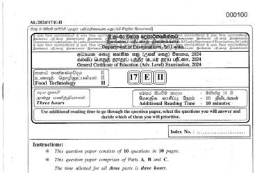 2024 A/L Food Technology Past Paper (English Medium)